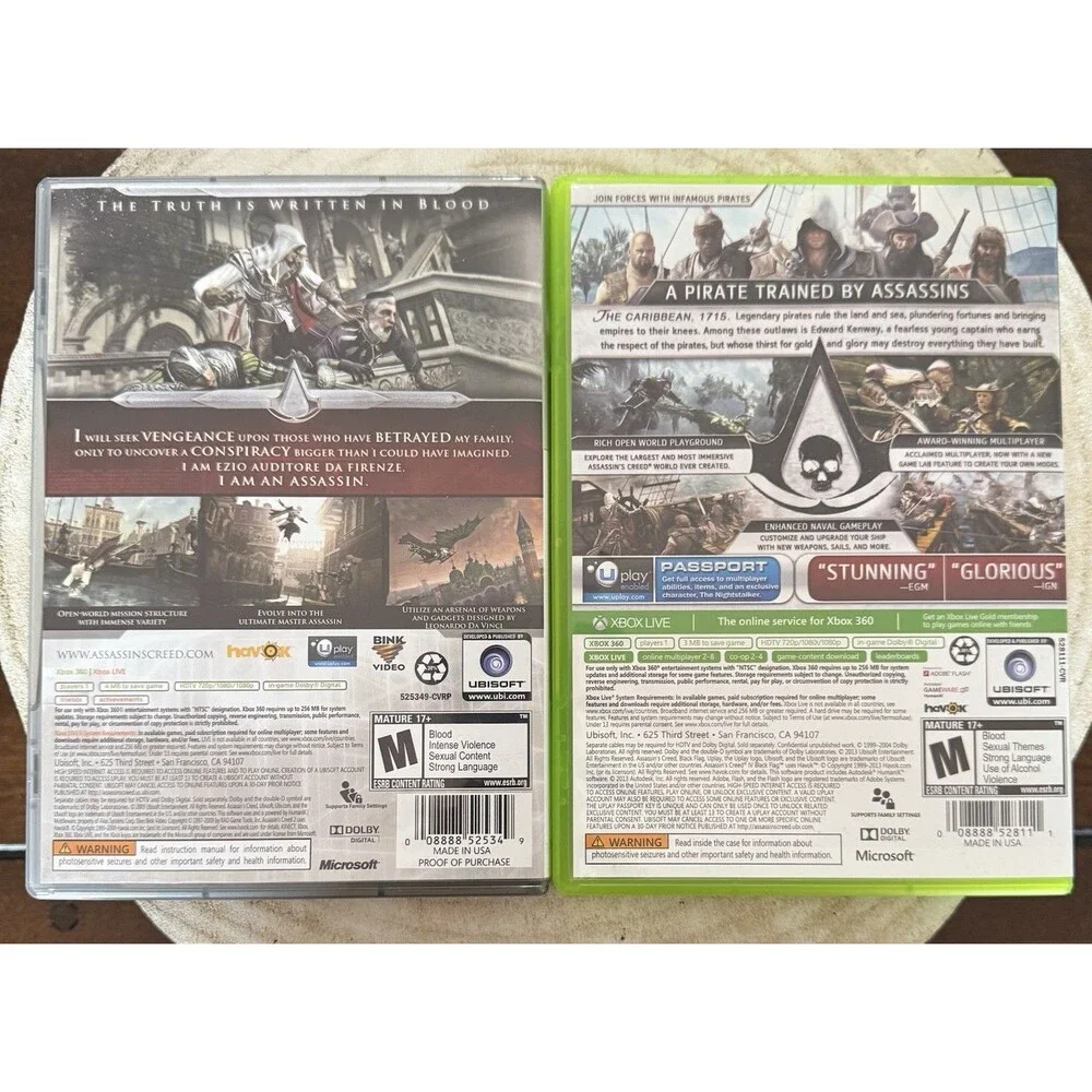 Xbox 360 Assassins Creed 2, Assassins Creed IV Black Flag - 2 Game Bundle Lot